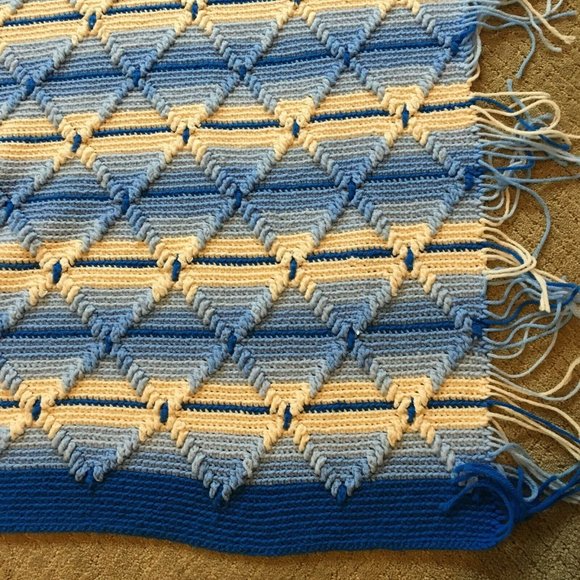 Vintage 48”×60" Handmade Crochet Afghan Blanket Throw Blue & White Fringe - Picture 2 of 4